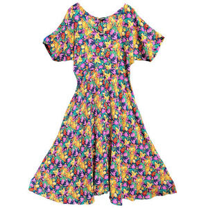 Vintage Cher Jacque Bright Floral Short Sleeve Pearl Button Up Sheer Shirt Dress